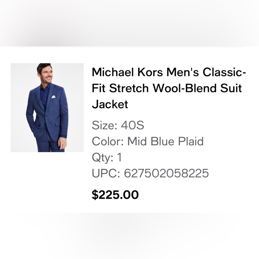 Michael Kors Mid Blue Plaid Wool-Blend Blazer